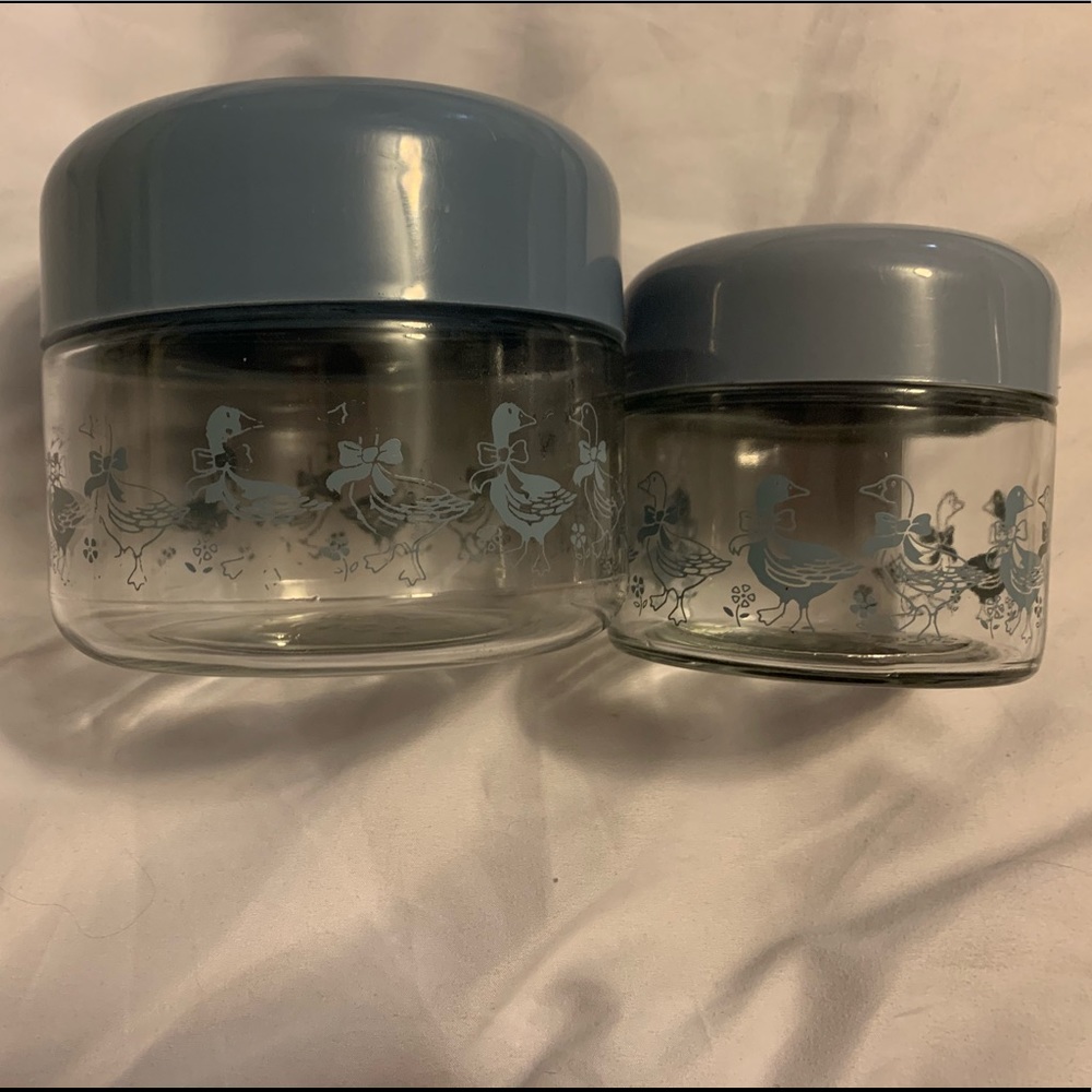 Vintage Corelle Gemco Blue duck clear glass jars